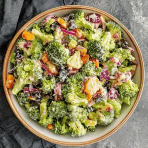 This vibrant Broccoli Salad combines crisp broccoli, crunchy nuts, and sweet raisins for a delightful mix of flavors and textures. Tossed in a tangy dressing, it makes a perfect side dish for picnics, potlucks, or family dinners. Save this recipe and brighten up your next meal with a healthy and colorful salad!