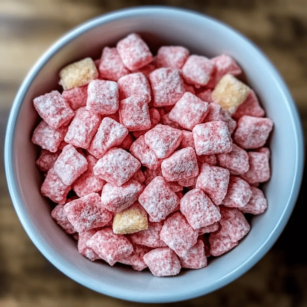 Treat yourself to a delightful twist on a classic with this Fluffy Strawberry Shortcake Puppy Chow! This yummy snack combines the sweetness of strawberries and the crunch of cereal for a fun dessert. Perfect for parties, movie nights, or a special treat, save this recipe for your next gathering! You won’t want to miss out on this tasty and colorful snack!