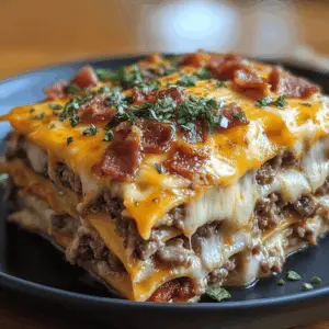 Indulge in a delicious twist on your favorite comfort foods with this Parmesan Garlic Bacon Cheeseburger Lasagna! Layers of rich ground beef, crispy bacon, gooey cheese, and flavorful garlic make every bite unforgettable. Perfect for family dinners or a cozy night in. Don’t forget to save this recipe for a tasty meal that your loved ones will ask for again and again!