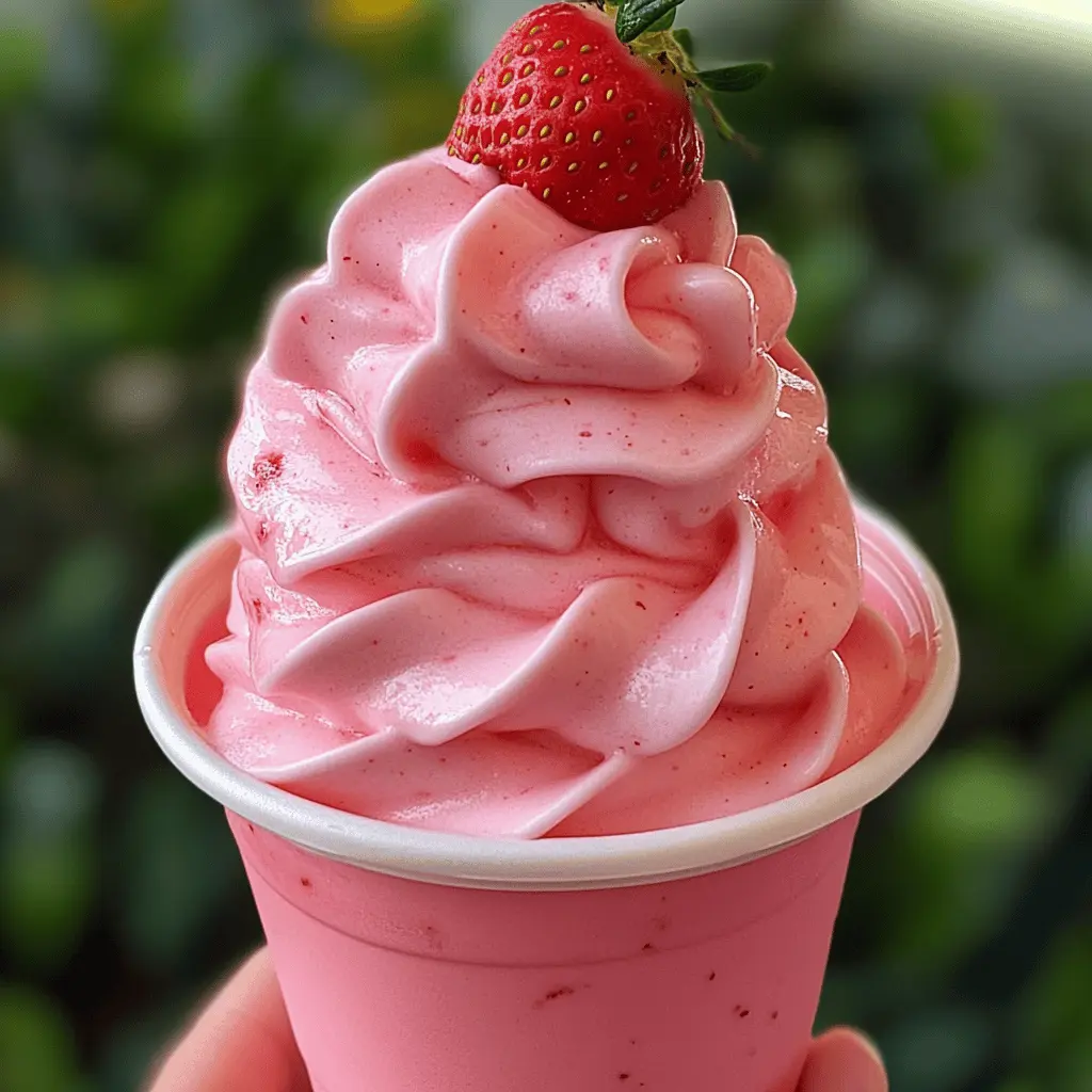Cool down with this refreshing Strawberry Dole Whip recipe! Made with ripe strawberries and creamy coconut milk, this delightful treat is perfect for hot summer days or any time you're craving something sweet. Easy to whip up, it's a hit with kids and adults alike. Save this pin for your next movie night or backyard BBQ!