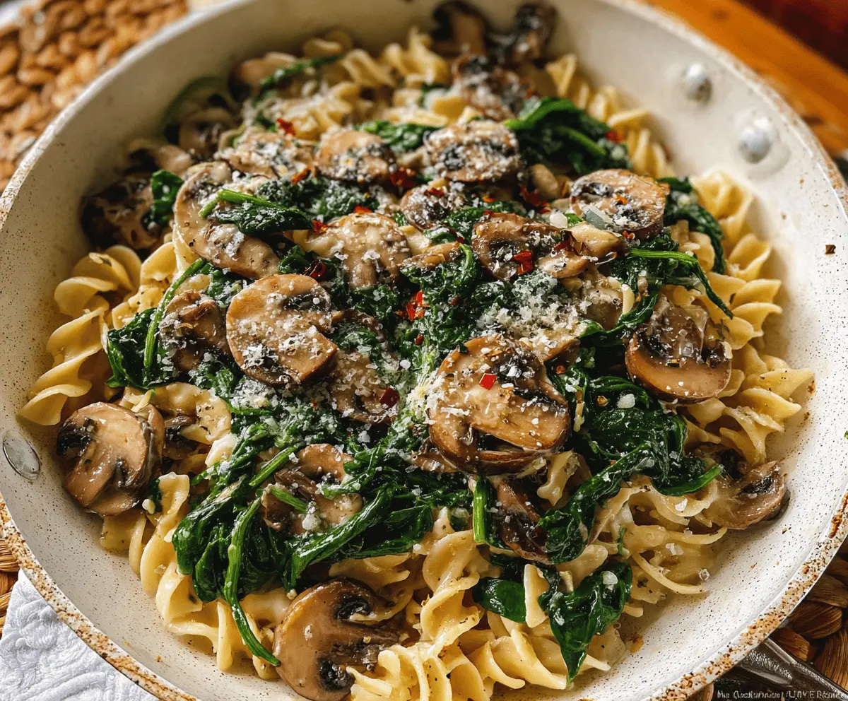 Easy Cheesy Parmesan Spinach Mushroom Pasta Skillet