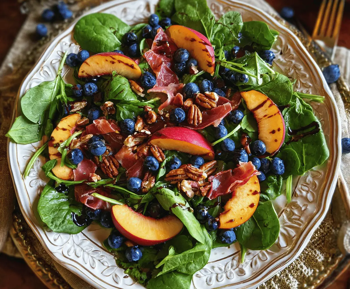 Fresh Peach Blueberry Spinach Salad With Pecans and Prosciutto