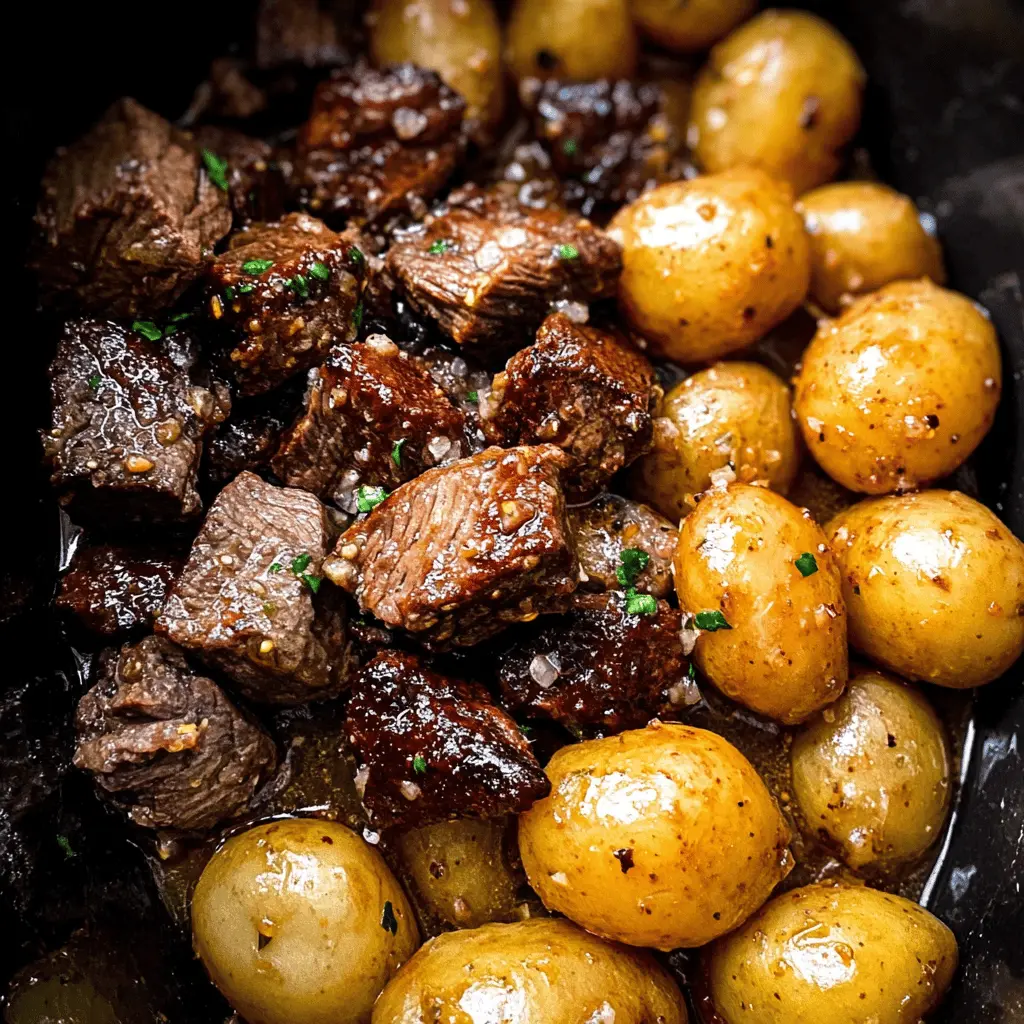 Slow Cooker Garlic Butter Beef Bites with Potatoes
