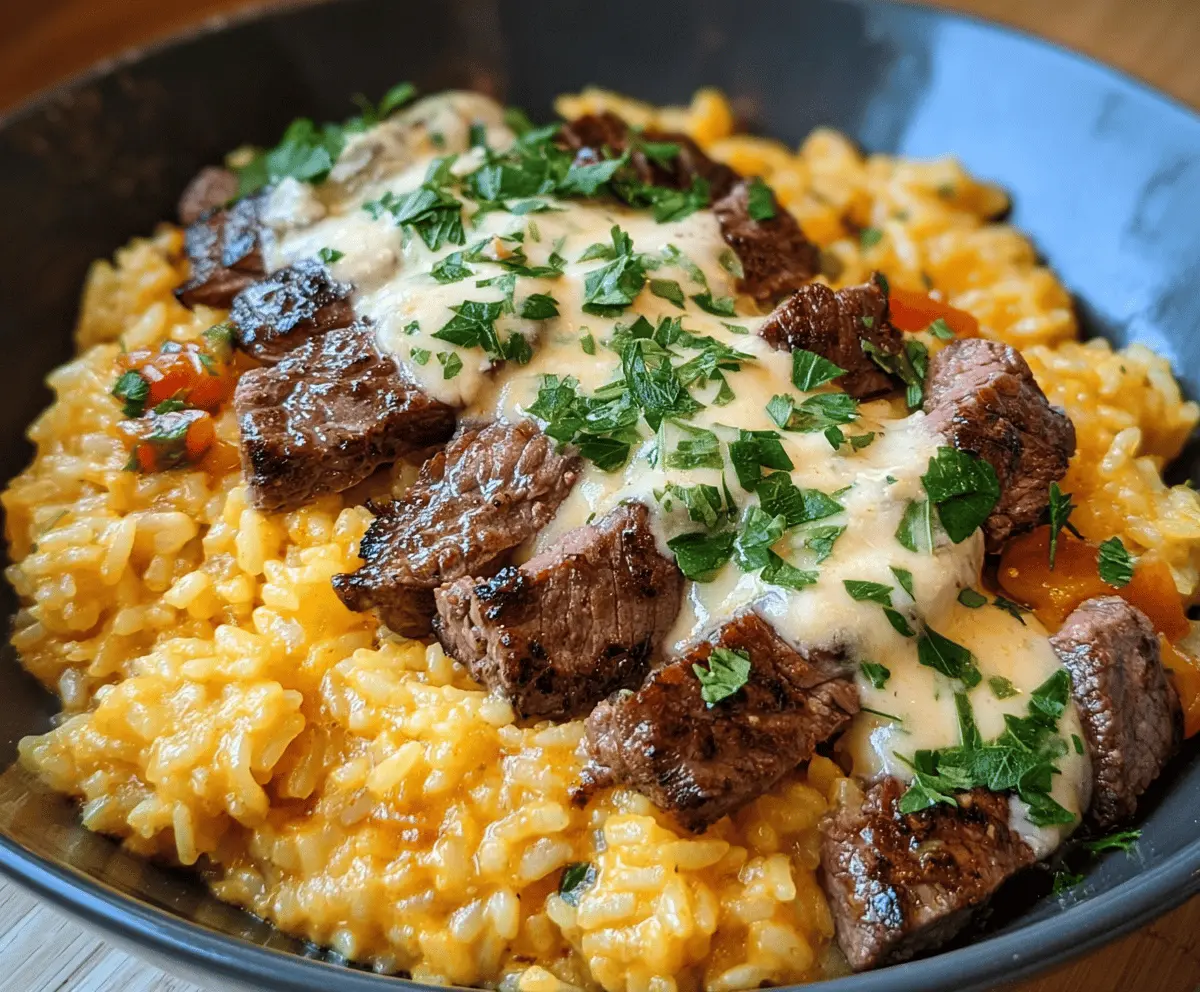 Creamy Queso Rice with Tender Steak Strips
