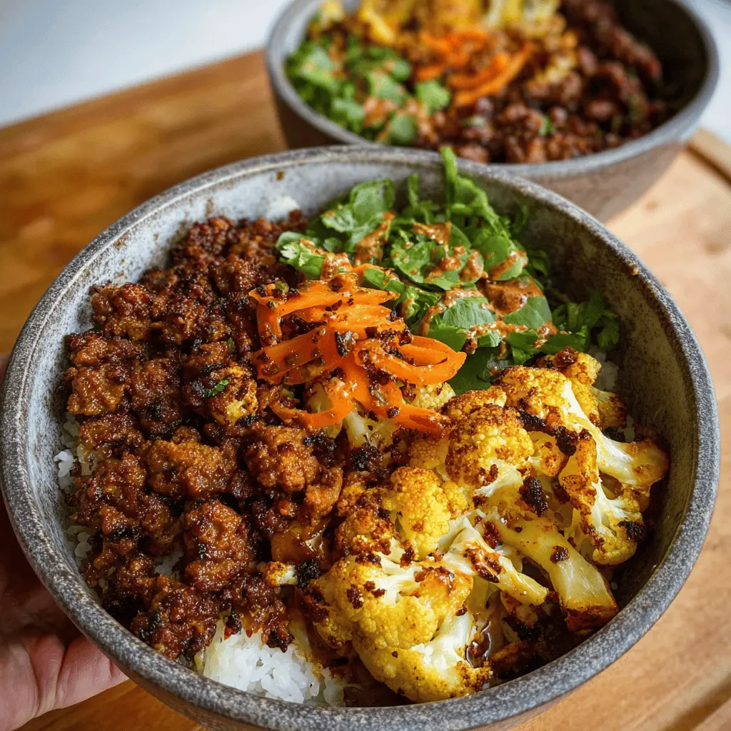 Crispy Chile Ground Beef and Cauliflower Protein Bowls