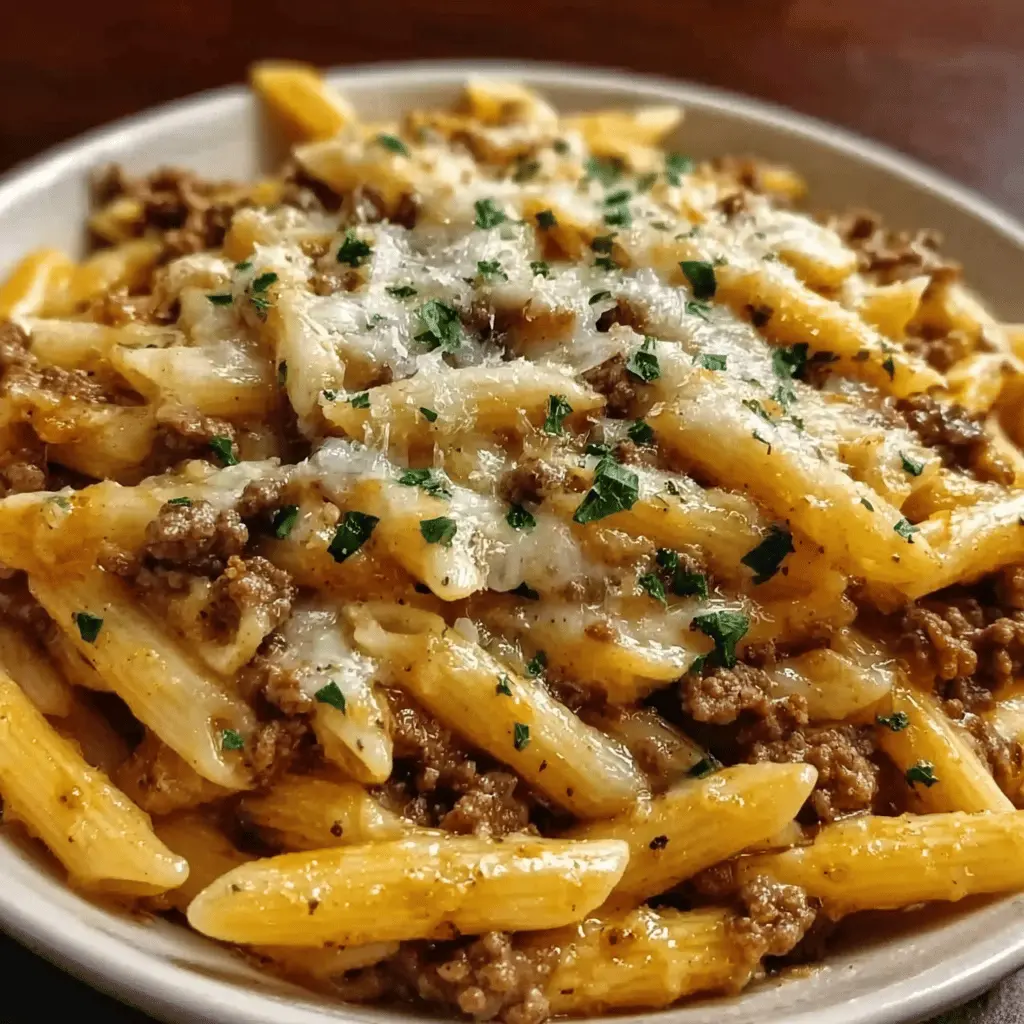 Cheesy Penne with Garlic Butter Ground Beef Recipe