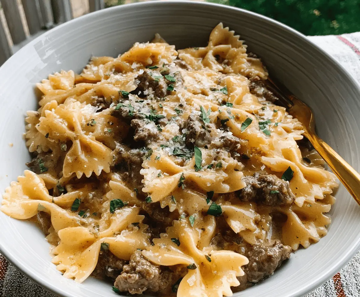 Creamy Garlic Parmesan Bowtie Pasta with Beef