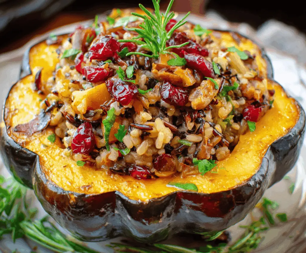 Baked acorn squash stuffed with wild rice, cranberries, and fresh herbs, ready to serve as a flavorful fall-inspired vegetarian dish