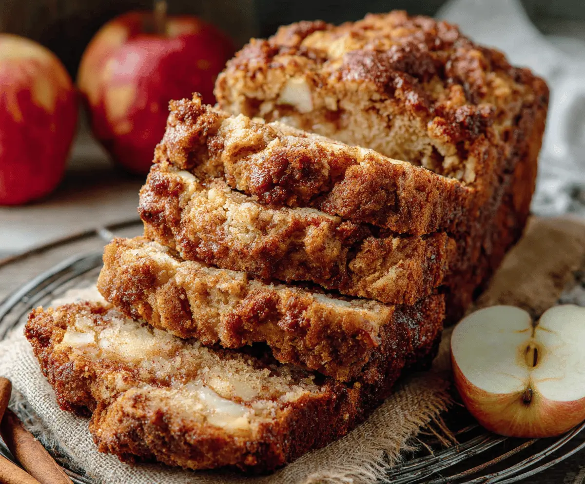 Delicious homemade apple bread with fresh apple slices and a golden crust, perfect for breakfast or snack.