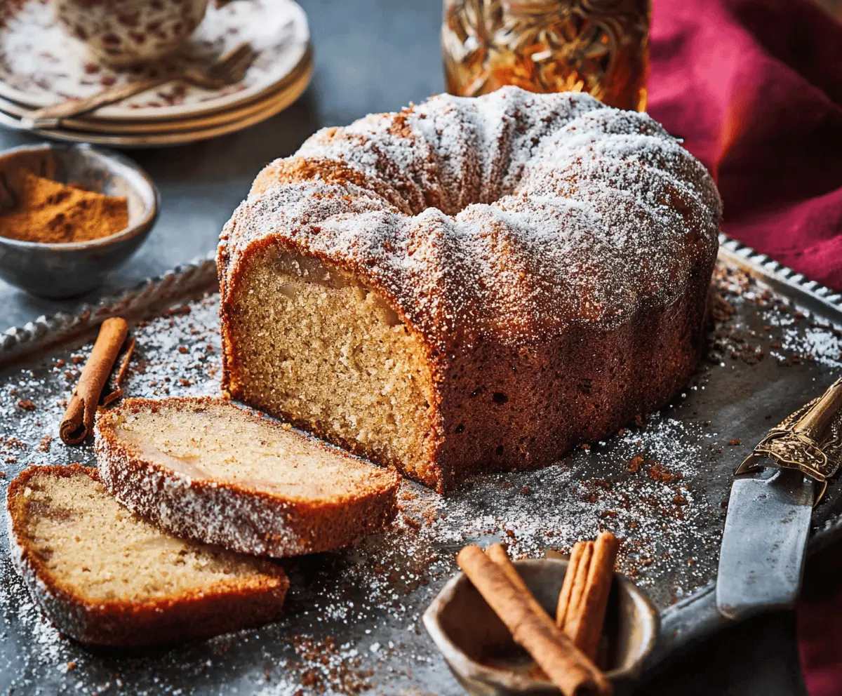 Delicious homemade apple cider pound cake topped with sliced apples and a sprinkle of cinnamon, perfect for fall desserts.