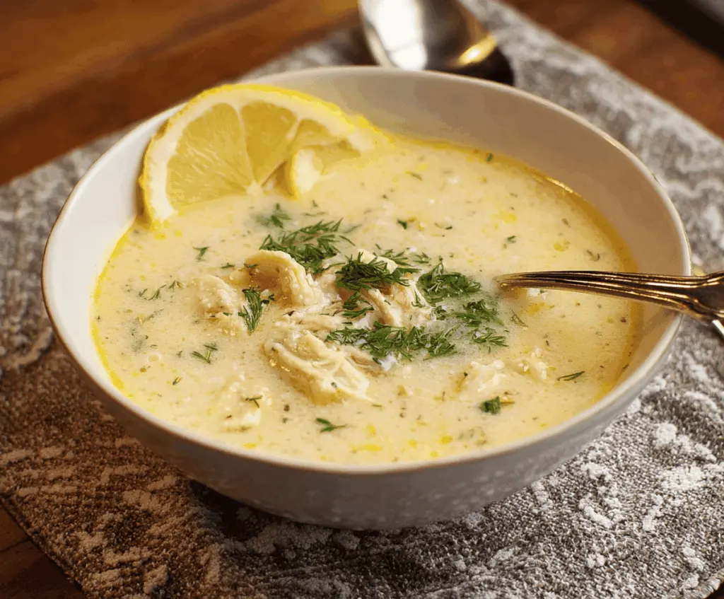 Creamy Greek Avgolemono Soup with lemon, chicken, and rice served in a bowl for a comforting, flavorful appetizer