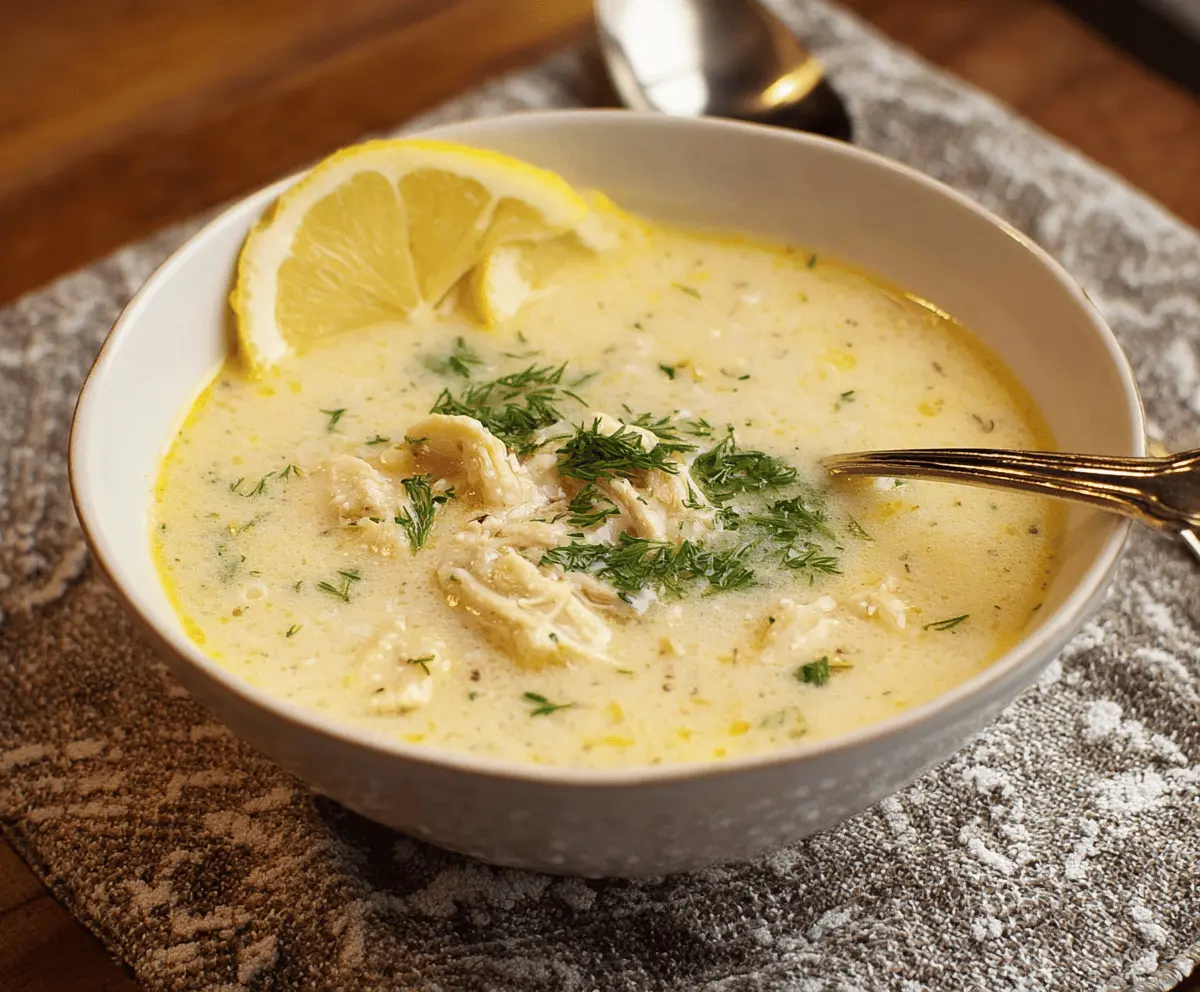 Creamy Greek Avgolemono Soup with lemon, chicken, and rice served in a bowl for a comforting, flavorful appetizer