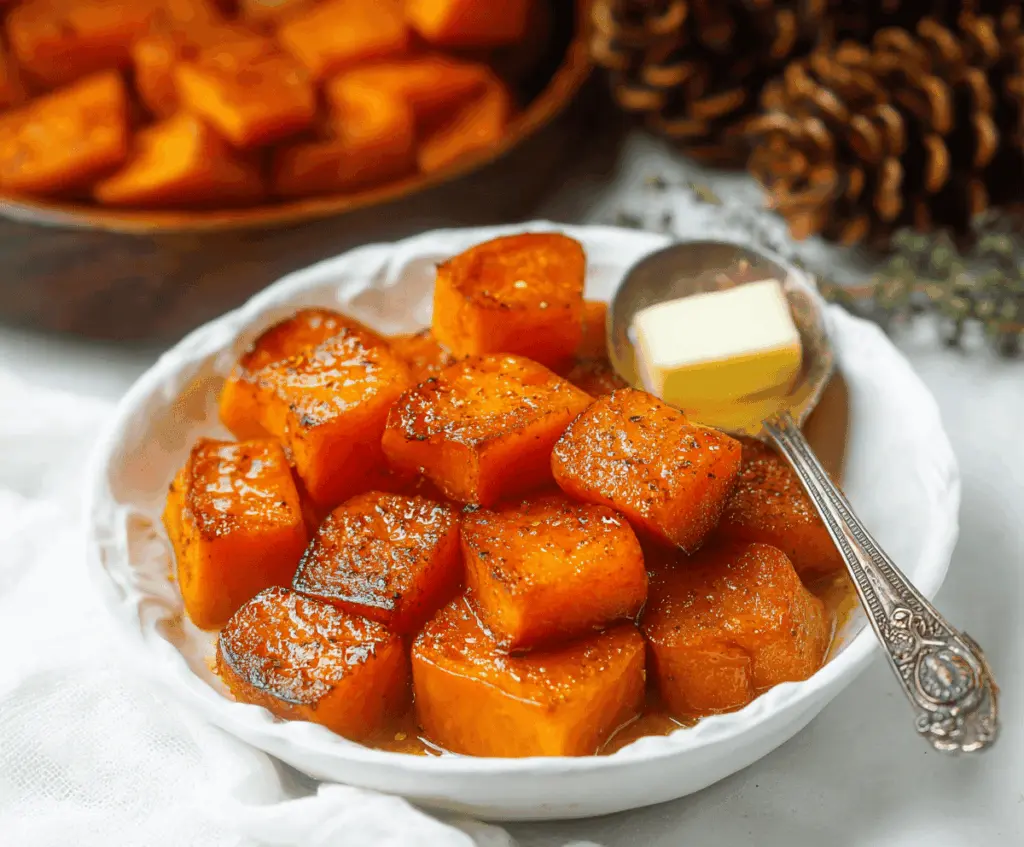 Creamy baked butternut squash topped with cinnamon butter, served as a delicious and comforting fall side dish