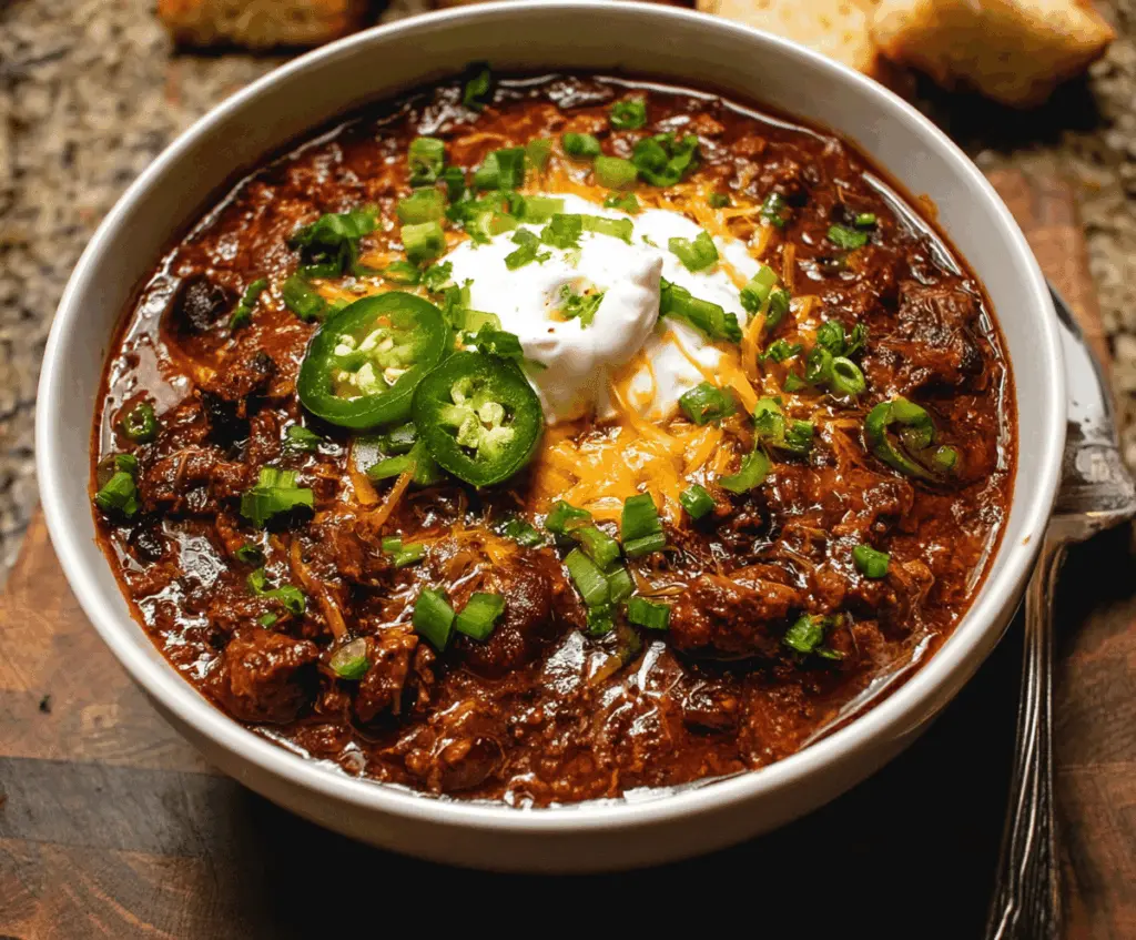 Hearty beef chili topped with shredded cheese and fresh cilantro in a rustic bowl, perfect for a comforting meal