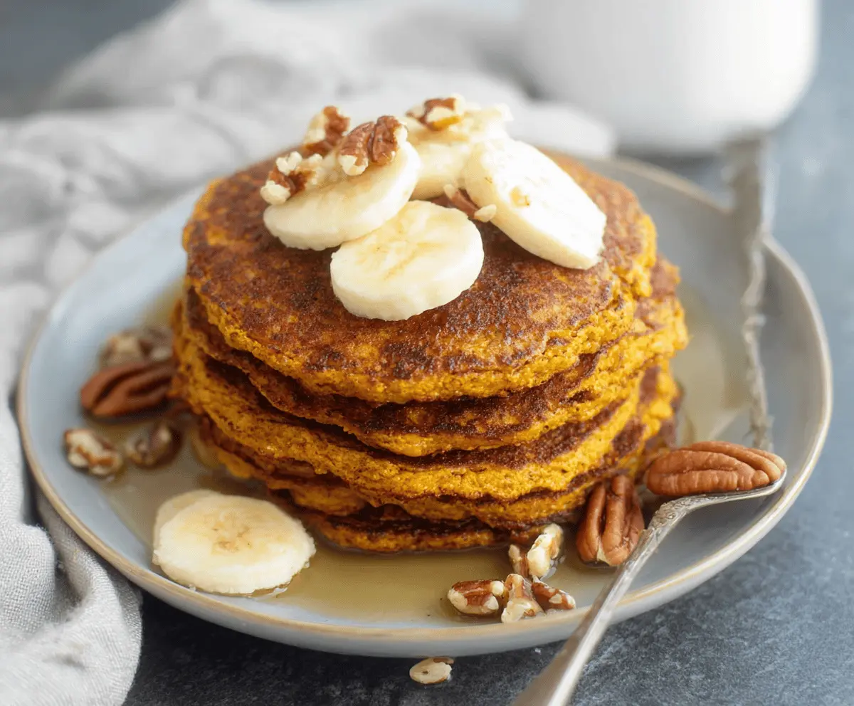 Creamy blender pumpkin oatmeal pancakes topped with fresh fruit and maple syrup on a plate