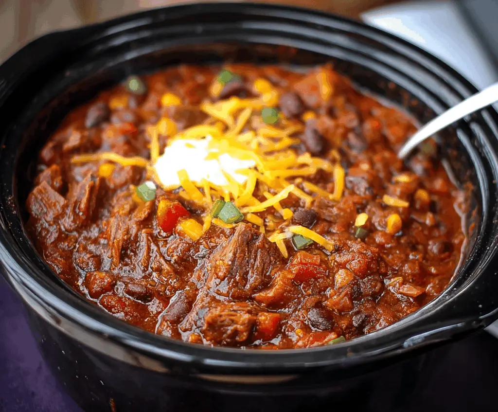 Hearty homemade brisket chili in a bowl with beans, tomatoes, and spices, served with a spoon and fresh herbs
