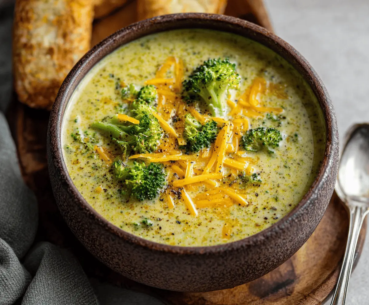 Creamy broccoli cheddar soup in a bowl garnished with fresh broccoli florets and shredded cheddar cheese, served with crusty bread on a rustic table.