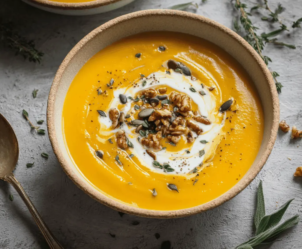 Creamy and flavorful butternut squash soup garnished with fresh herbs, served in a bowl for a cozy fall meal.