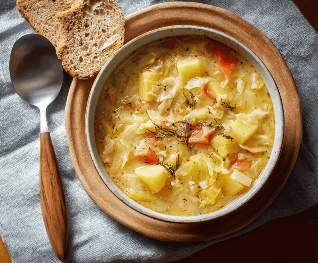 A bowl of warm cabbage and potato soup garnished with fresh herbs, showcasing a hearty and comforting homemade meal.