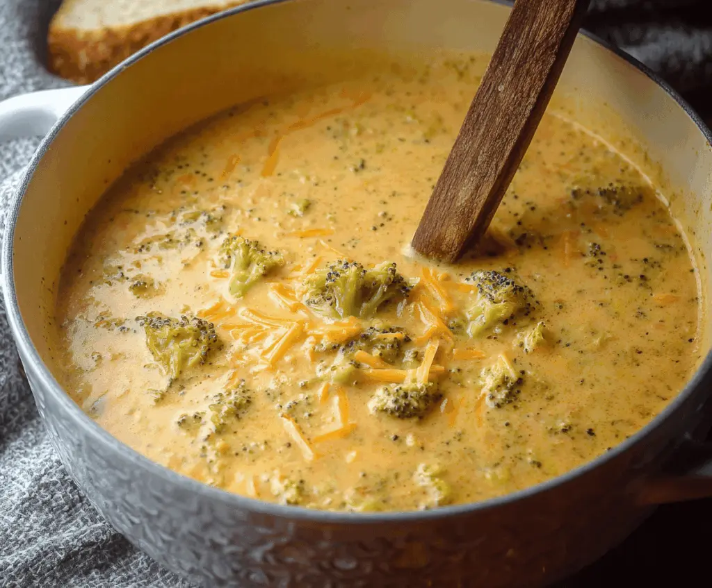 Creamy broccoli and cheddar cheese soup topped with melted cheese and fresh herbs, served in a bowl for a comforting, cheesy appetizer or meal.