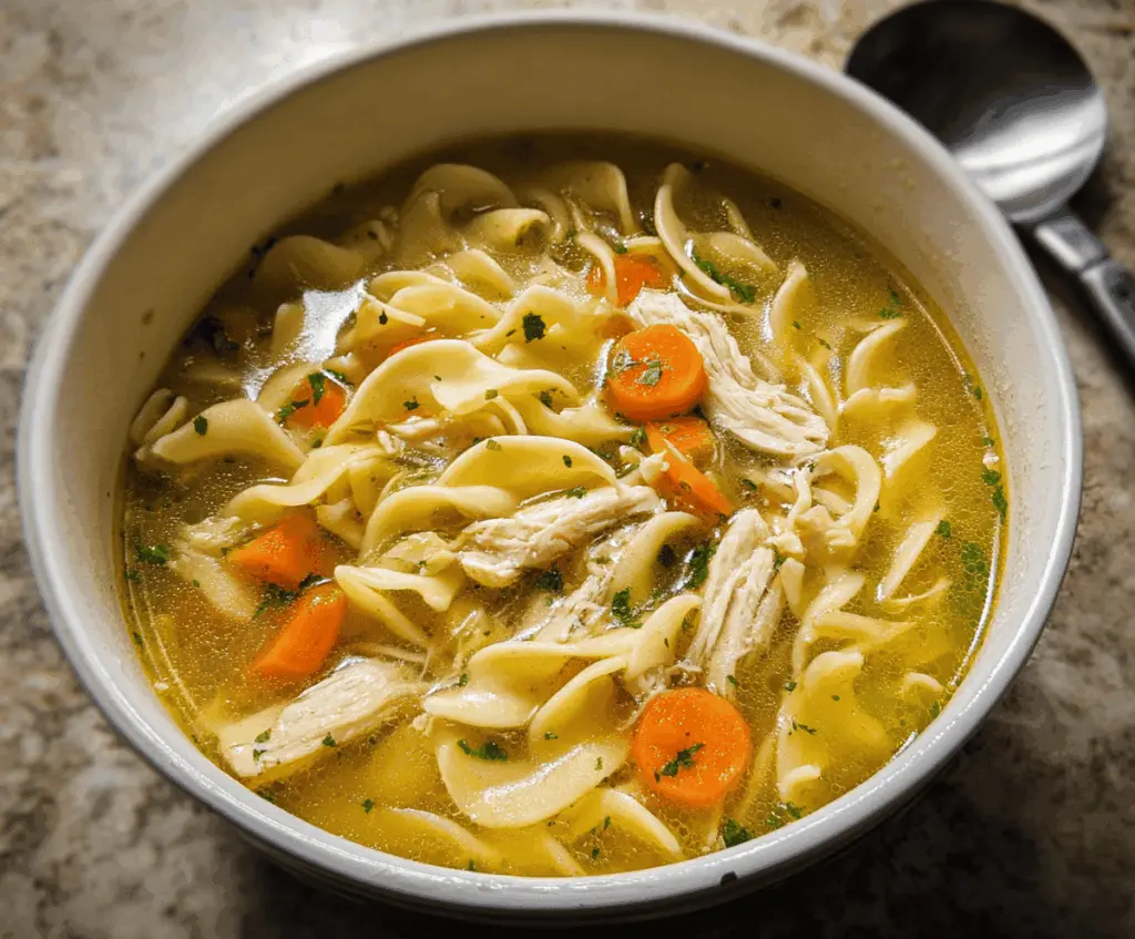 A steaming bowl of homemade chicken noodle soup garnished with fresh herbs and vegetables, served in a white bowl on a wooden table.