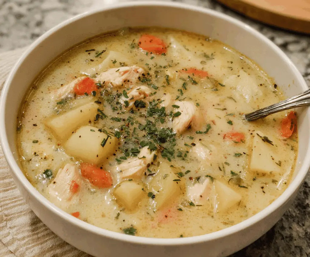 Creamy Chicken and Potato Soup with fresh herbs in a white bowl, perfect for a comforting meal