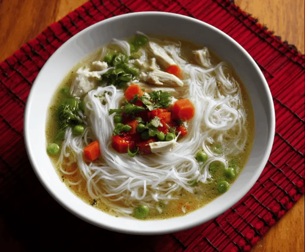 A steaming bowl of Chicken Rice Noodle Soup topped with fresh herbs and sliced chicken, served with lime wedges and chopped scallions.