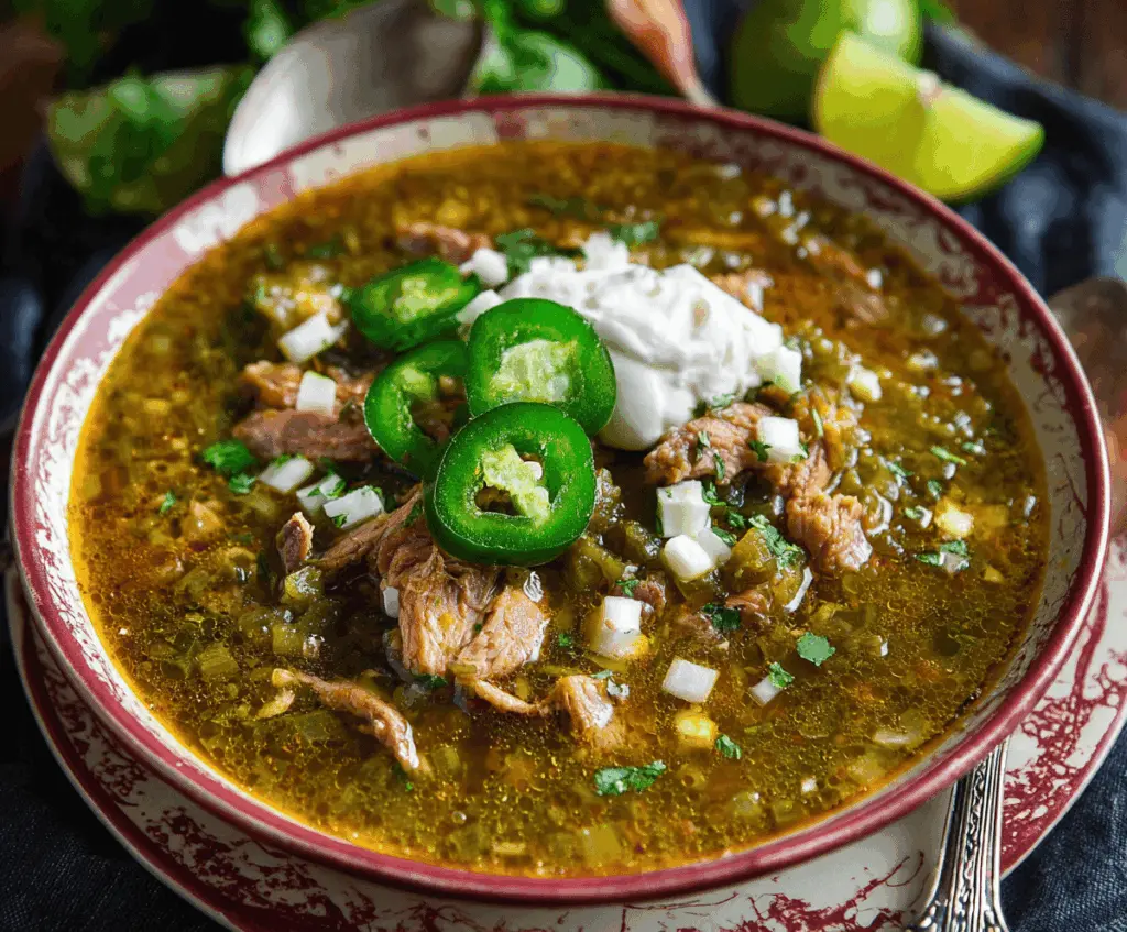 Delicious homemade Chili Verde served with tender pork, fresh cilantro, and crispy tortilla chips on a rustic plate