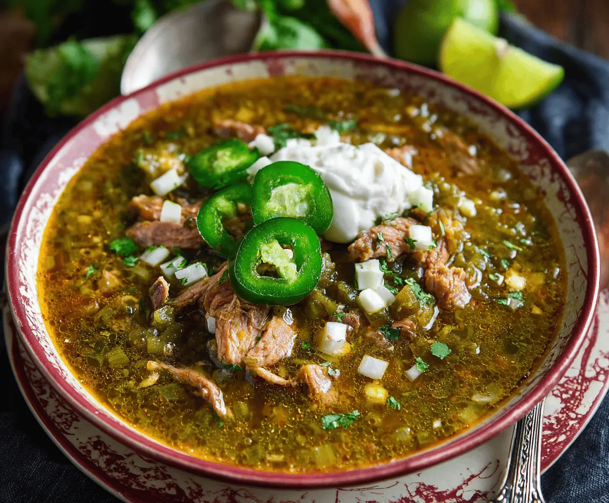 Delicious homemade Chili Verde served with tender pork, fresh cilantro, and crispy tortilla chips on a rustic plate
