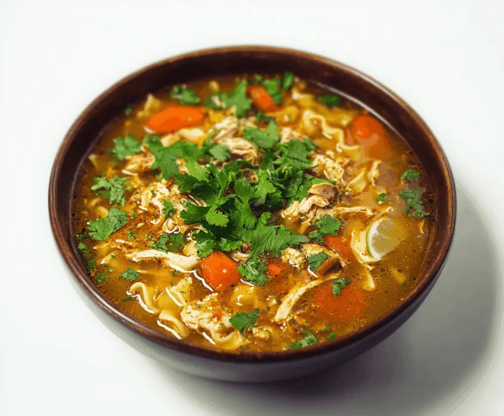 A steaming bowl of Chipotle Chicken Noodle Soup garnished with fresh herbs, featuring tender chicken, noodles, and smoky chipotle flavor in a rich broth.