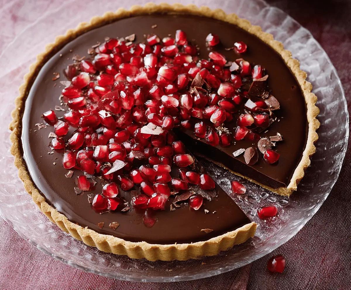 Delicious chocolate pomegranate tart topped with fresh pomegranate seeds and cocoa powder, served on a rustic wooden surface.