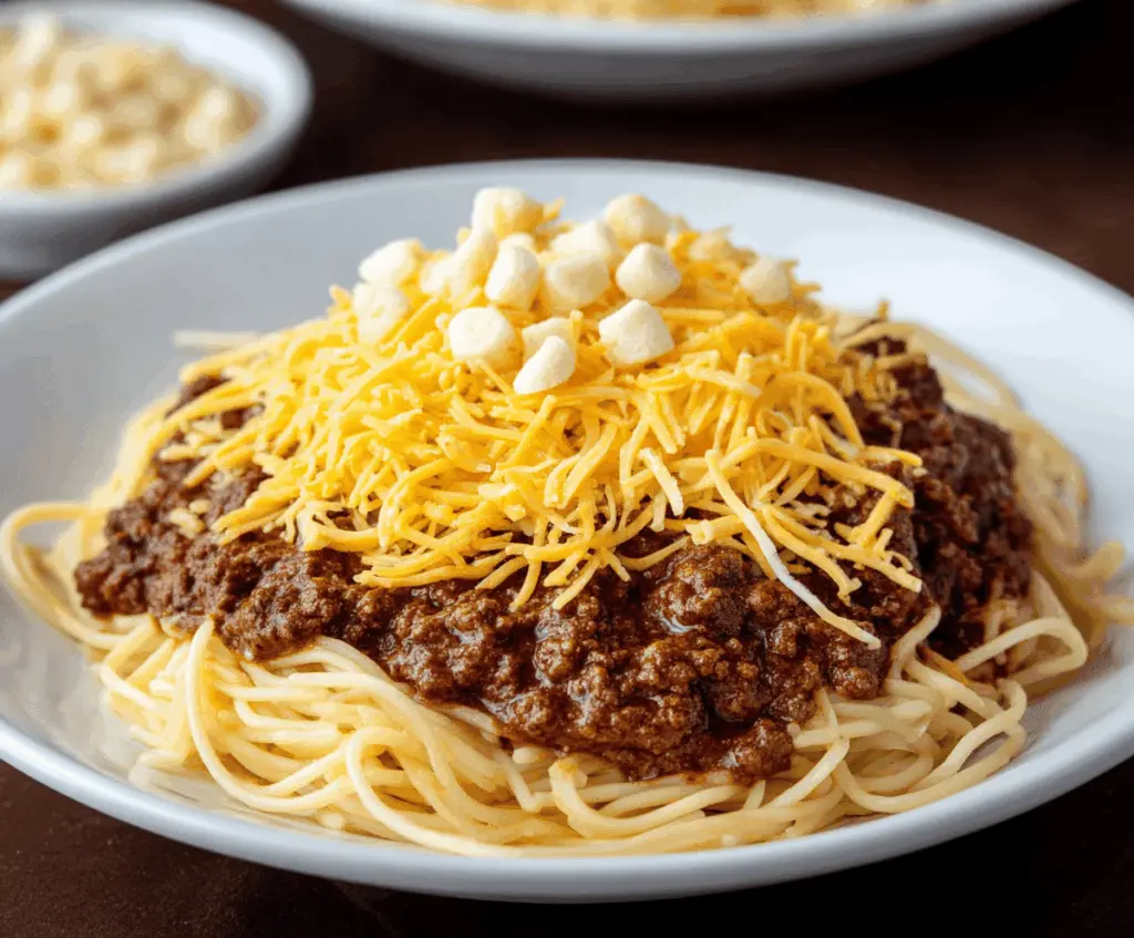 Delicious bowl of Cincinnati chili topped with shredded cheese, onions, and beans, served with garlic bread on a white plate