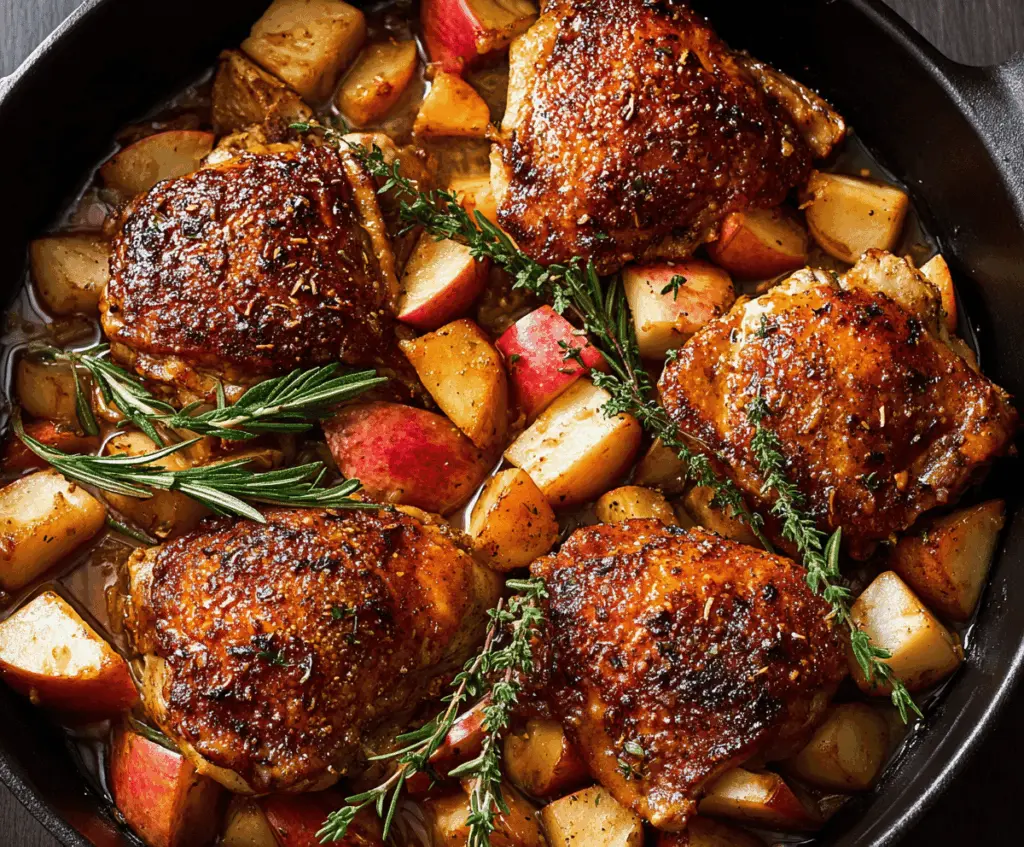 Juicy chicken glazed with warm apple cider sauce, garnished with fresh herbs, served with seasonal vegetables on a rustic plate.