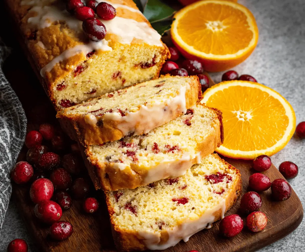 Freshly baked cranberry orange bread topped with sugared cranberries and orange zest, showcasing a delicious and festive homemade loaf.