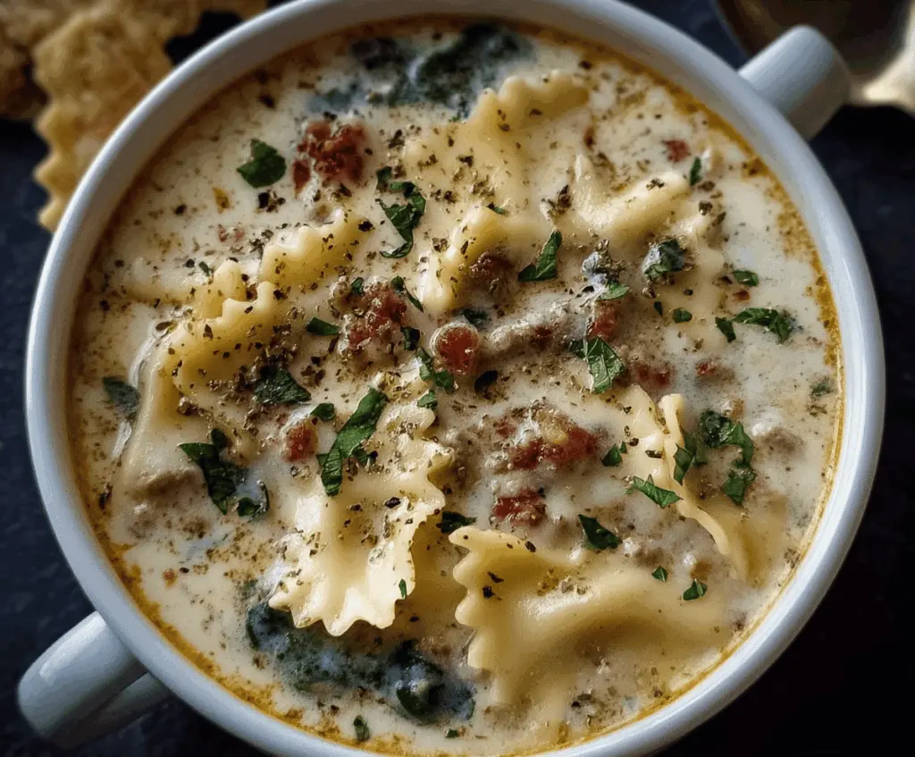 Creamy Alfredo Lasagna Soup in a bowl topped with melted cheese and fresh herbs, served with garlic bread on the side