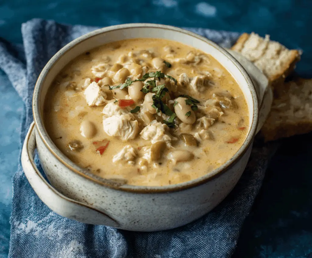 A bowl of creamy white chicken chili topped with shredded cheese, chopped cilantro, and a dollop of sour cream, served with warm bread on the side.