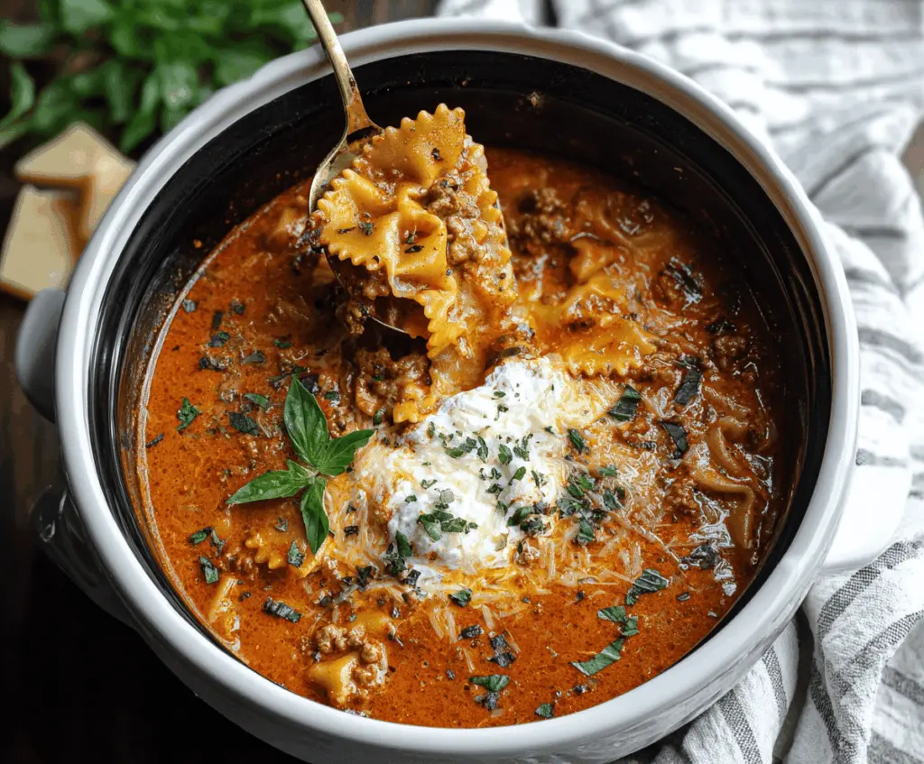 Delicious Crockpot Cheesy Lasagna Soup in a bowl topped with melted cheese, fresh basil, and crispy breadsticks, perfect for a comforting meal