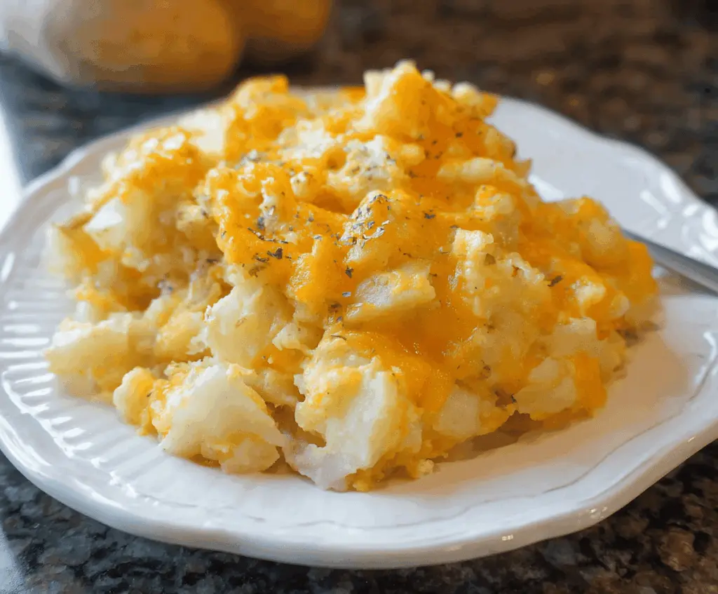 Creamy and cheesy crockpot potato casserole with melted cheese, crispy bacon, and fresh herbs, perfect for family dinners and gatherings.
