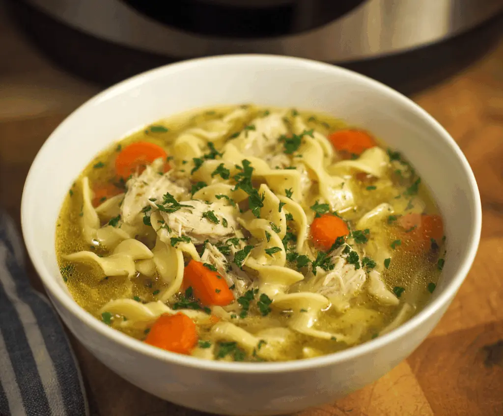 Delicious homemade Crockpot Chicken Noodle Soup with tender chicken, vegetables, and hearty noodles in a flavorful broth