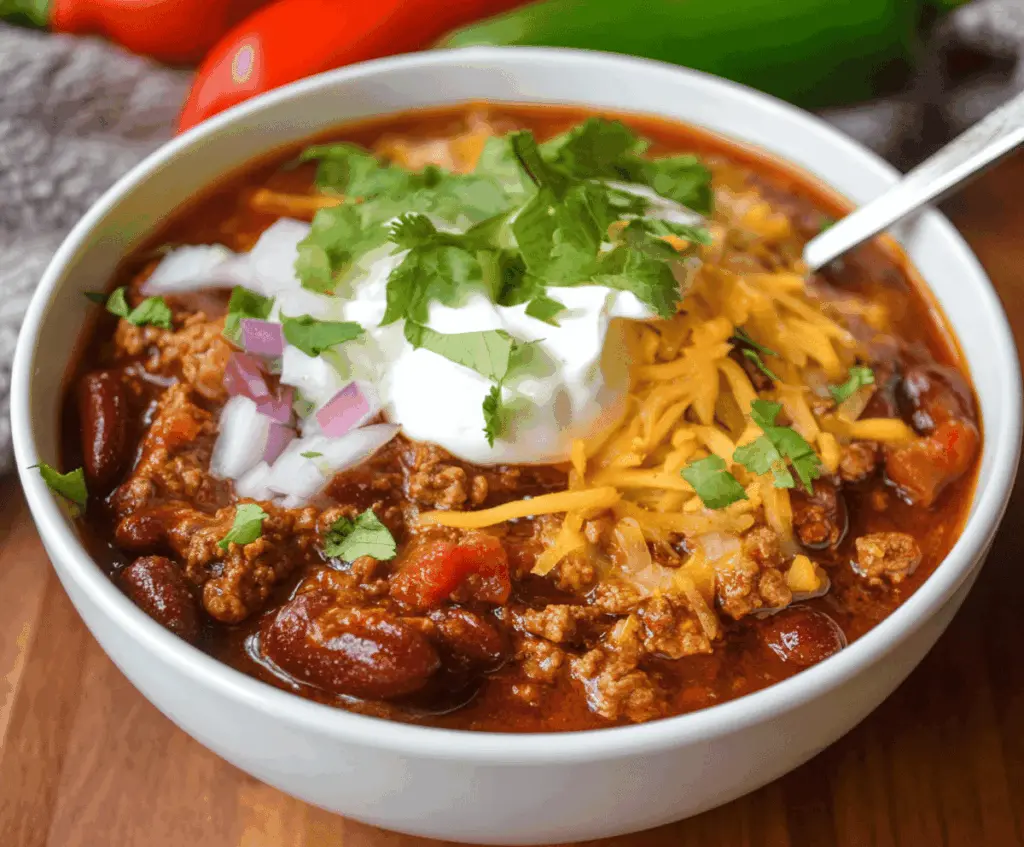 Delicious homemade Crockpot Chili in a bowl topped with shredded cheese and fresh herbs, ready to serve