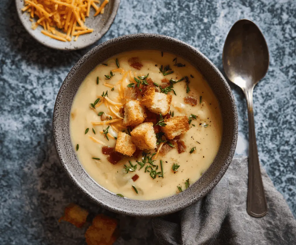 Creamy dairy-free potato soup in a bowl garnished with fresh herbs, perfect for a comforting and allergy-friendly meal.