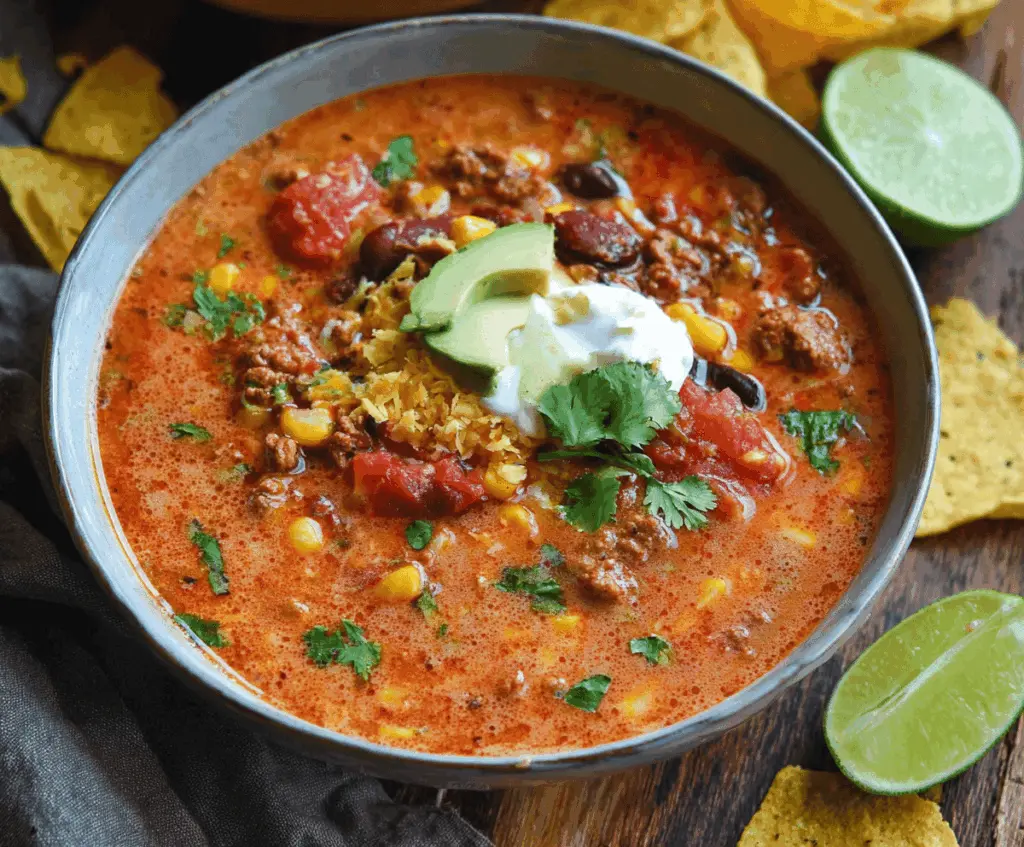Creamy dairy-free taco soup with seasoned ground meat, fresh vegetables, and garnished with herbs in a bowl.