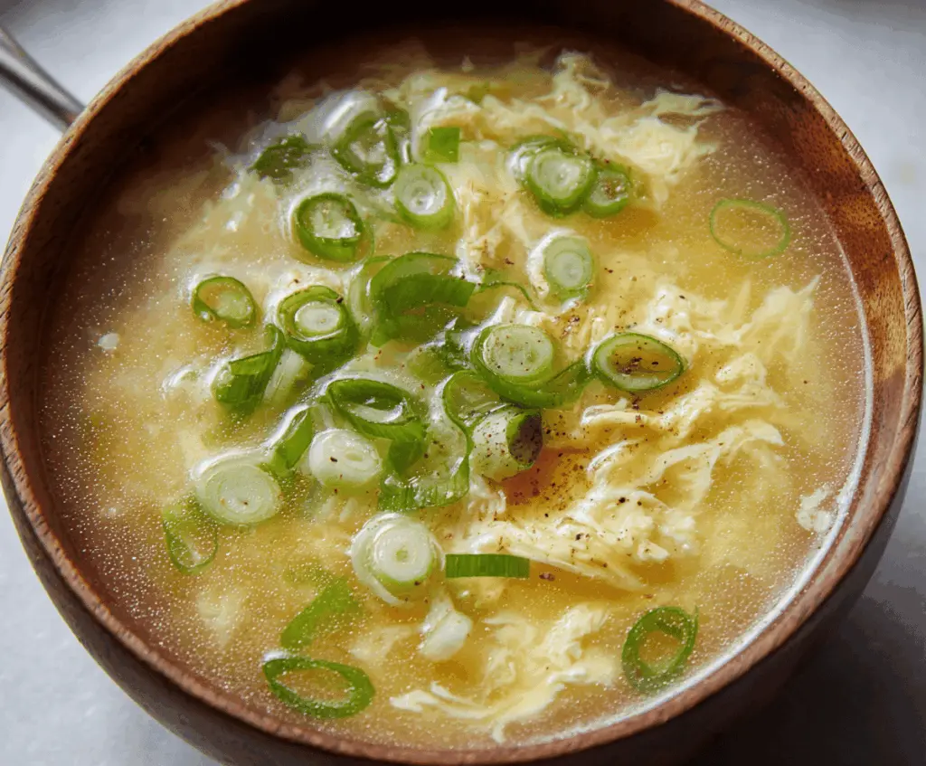 A steaming bowl of homemade egg drop soup garnished with chopped green onions, served in a white ceramic bowl on a wooden table.