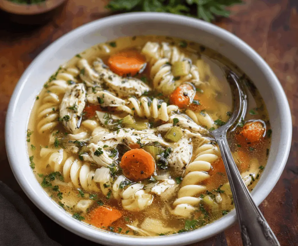 A steaming bowl of garlic herb chicken noodle soup garnished with fresh herbs and vegetables, perfect for a comforting meal.