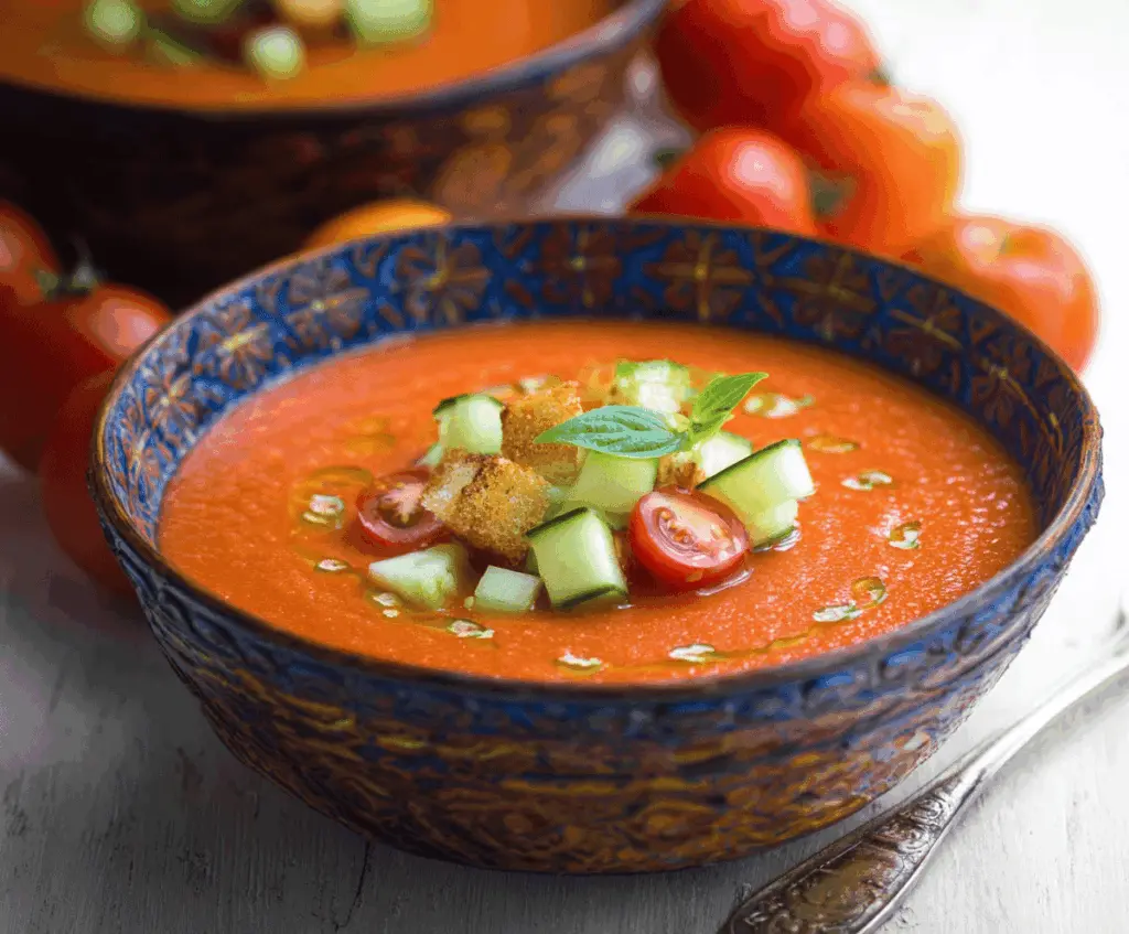 Refreshing cold gazpacho served in a bowl with fresh vegetables and herbs, perfect for a summer appetizer.