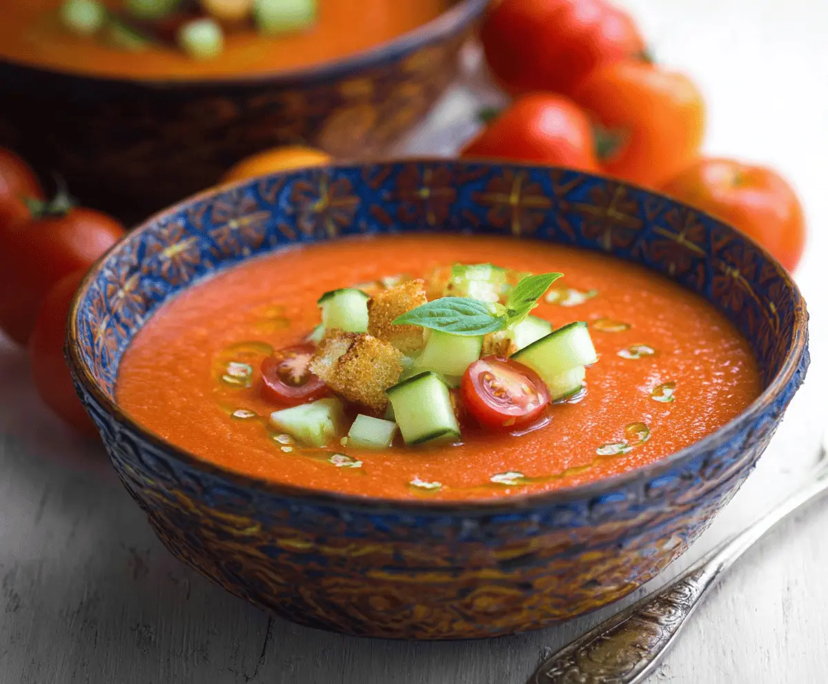 Refreshing cold gazpacho served in a bowl with fresh vegetables and herbs, perfect for a summer appetizer.