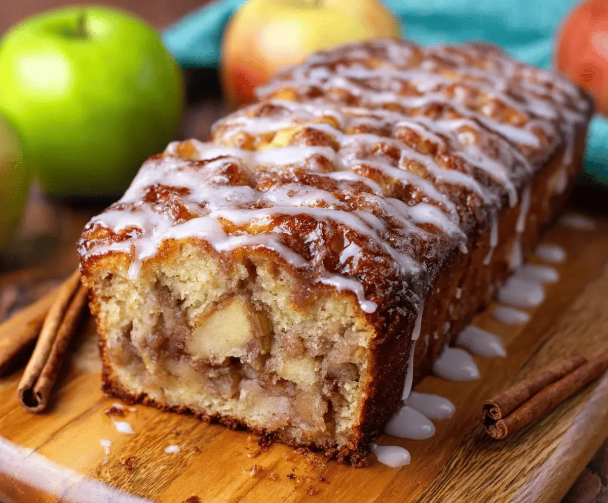 Delicious glazed apple cinnamon fritter bread topped with caramel glaze and cinnamon, sliced to reveal tender apple chunks inside