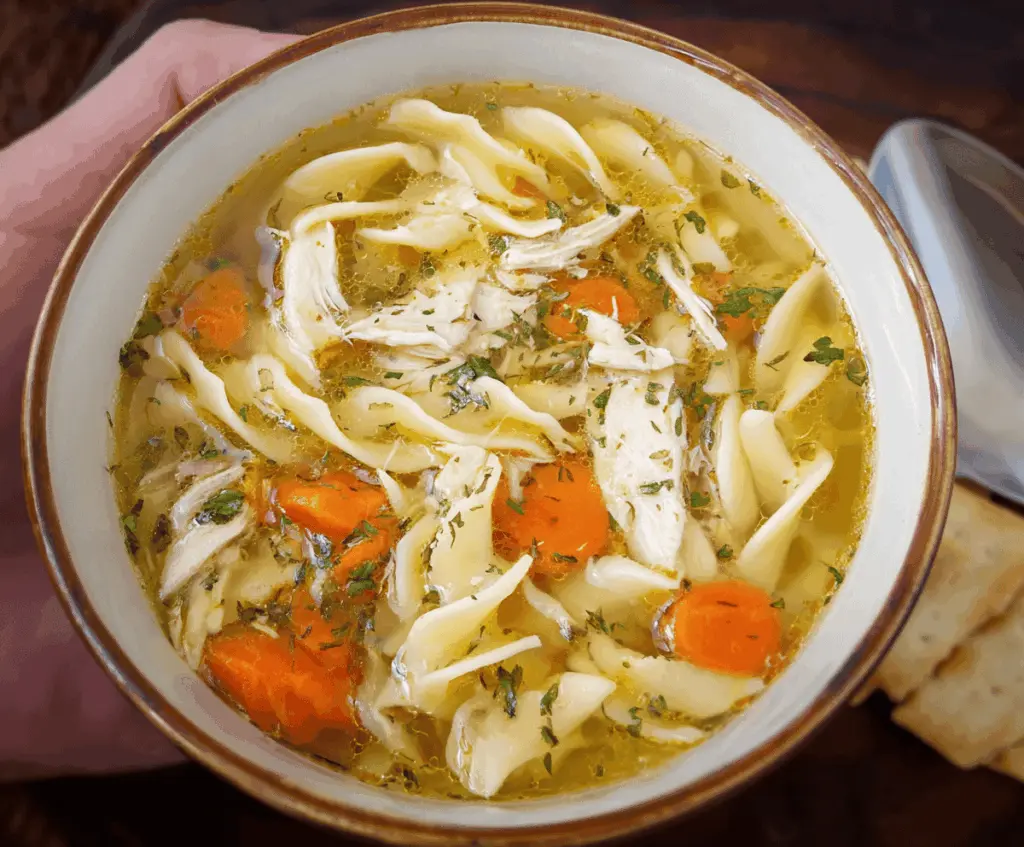A comforting bowl of homemade Grandma’s Chicken Noodle Soup with tender chicken, carrots, celery, and noodles garnished with fresh herbs, served in a rustic bowl.