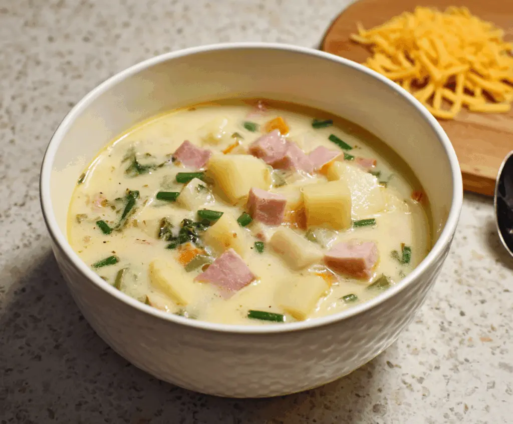 Creamy ham and potato soup in a bowl topped with fresh herbs, served with crusty bread on a rustic wooden table.