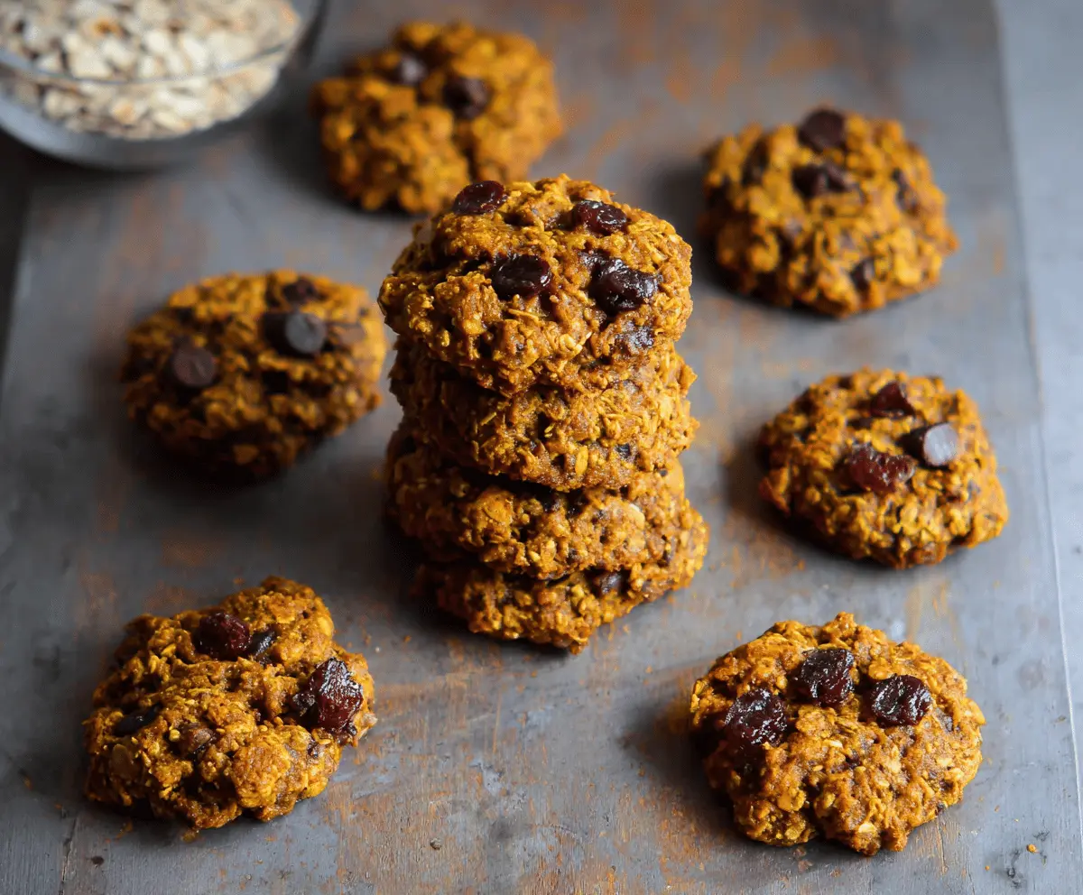 Delicious homemade healthy pumpkin oatmeal cookies on a white plate, featuring oats, pumpkin puree, and cinnamon, perfect for a nutritious snack or breakfast treat.